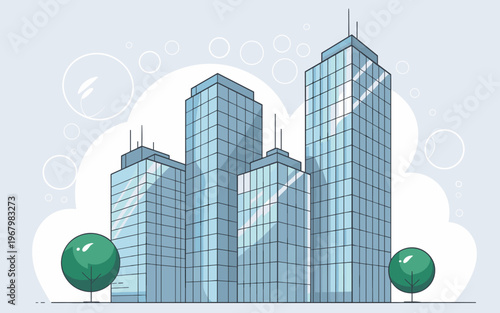 Modern city skyline with tall glass corporate office buildings featuring minimalist architecture and geometric skyscrapers set against a clean backdrop with bubbles symbolizing sustainable urban devel