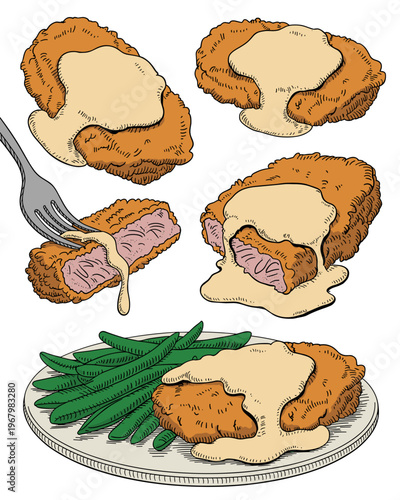 Breaded schnitzel cutlets topped with creamy sauce served on a ceramic plate with green beans featuring a fork lifting a tender meat slice in this detailed hand-drawn vector illustration for menu desi