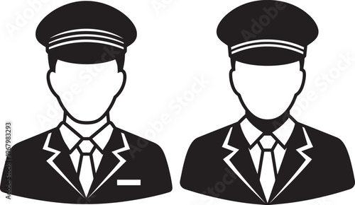 Two silhouette icons of men in uniform isolated on white.