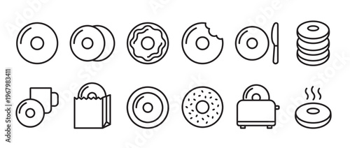 Collection of simple line art icons depicting various bagel-related items and actions, presented in a clean, minimalist style