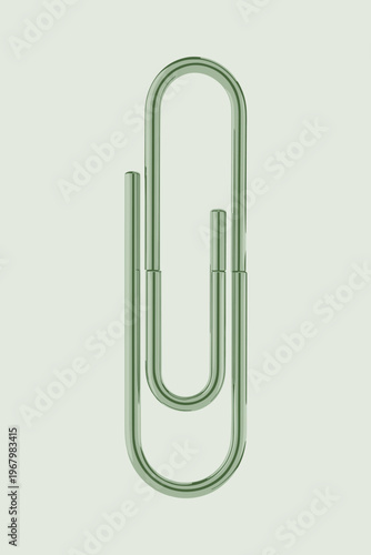 Minimalist 3D rendered green metal paperclip isolated on a soft pastel background representing organization, office administration, creative design solutions, corporate stationery and efficient docume