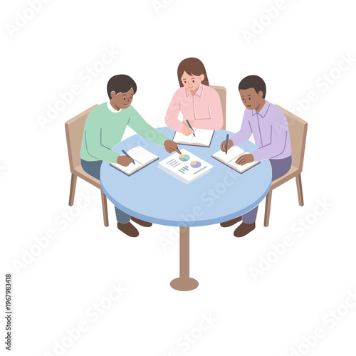 People sitting at a table working on papers together indoors