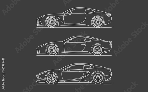 Minimalist side view set of three luxury supercars isolated on dark grey background, stylized vector illustration of modern automotive silhouettes for sports car racing graphics, logo design and web i