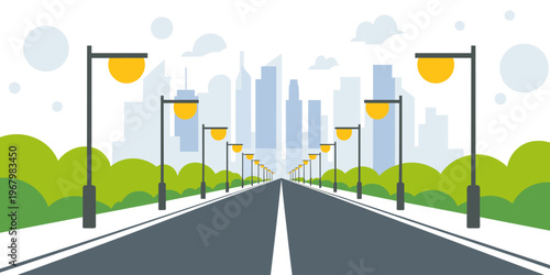 A wide asphalt highway leading towards a modern cityscape with high rise buildings and a lush green park landscape, a scenic urban travel concept showing road infrastructure, perspective geometry, cit