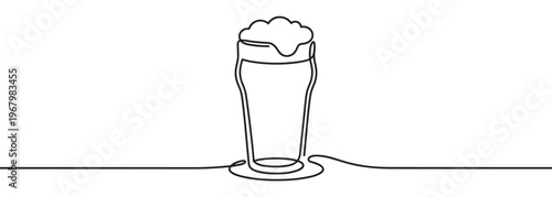 Single continuous line drawing of a tall glass of beer with a foamy head, rendered in a minimalist style