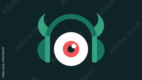 Minimalist graphic icon featuring a mysterious cyclops eye wearing vibrant green devil horn headphones isolated on a dark background for modern creative multimedia branding digital music tech concepts