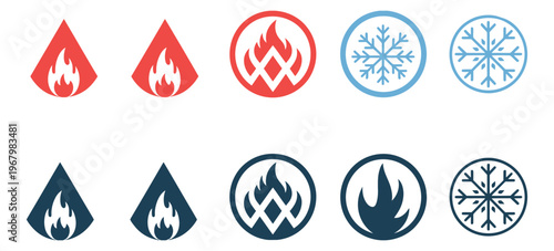 Fire and snowflake hazard warning icons set, flammable material and extreme cold temperature symbols isolated on gray background, safety warning and risk prevention icons collection, modern vector 
