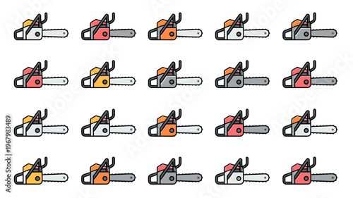 A collection of 20 flat vector chainsaw icons featuring diverse color combinations and hardware designs, isolated on a white background for industrial maintenance, forestry work, landscaping and const