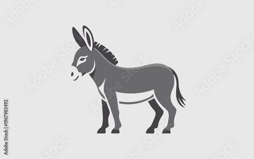 Minimalist digital illustration of a cute donkey standing in profile on a plain background for creative design projects featuring a farm animal character with grey fur useful for wildlife education ic