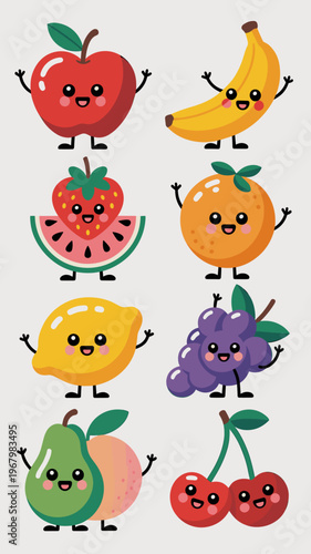 Cute cartoon fruit character set featuring colorful apple banana strawberry watermelon orange lemon grape pear peach and cherry icons as friendly mascots for healthy food diets kids nursery wall art d