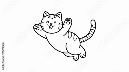 Cute Cartoon Cat Jumping Happily Playful Kitten Illustration Line Art Isolated on White Background Character Design for Children Coloring Book Page Educational Asset Whimsical Playful Pet Graphic Vect