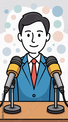Professional male spokesperson speaking into dual microphones during a press conference setting, conceptual image representing transparent media communication, political commentary, public relations, 