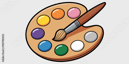 A vibrant yellow wooden paint palette featuring a set of colorful oil pigments and a classic professional artist brush lying across the surface, isolated on a neutral background for creative studio ar