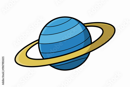 Cartoon blue planet with a golden ring orbiting a spherical celestial body in outer space a simple vector graphic design illustration for educational websites children science books or cosmic themed c