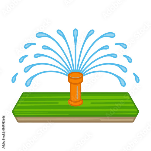Cartoon sprinkler watering green manicured lawn grass field garden illustration icon isolated on white background depicting residential landscape maintenance irrigation system supply equipment for yar