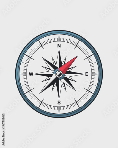A detailed flat vector illustration of an isolated navigation compass featuring a stylized wind rose and red north directional needle, perfect for travel concepts, cartography, adventure, and outdoor 