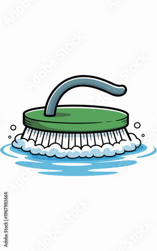 Cartoon scrubbing brush submerged in bubbling water creates a deep cleaning effect with thick white foam bubbles illustrating domestic hygiene work sanitation maintenance housekeeping chores vector il