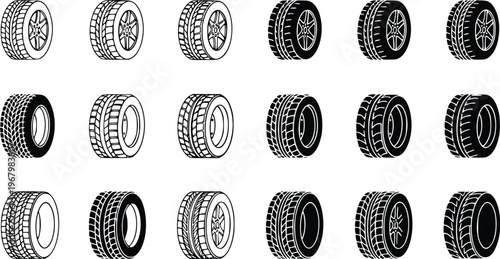Tire icon set outline and silhouette vector collection with car and off road tire symbols isolated on white