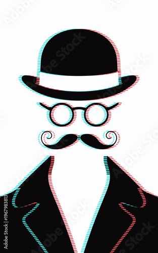 Minimalist gentleman portrait with bowler hat, round spectacles, and curly handlebar mustache featuring a stylish chromatic aberration glitch art effect for modern creative branding and digital design