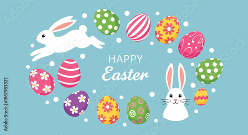 Happy easter background illustration with jumping white bunny, colorful decorated eggs, and small white dots on light blue background, spring holiday celebration concept.