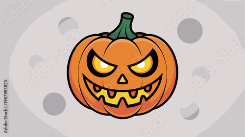 A sinister Halloween pumpkin jack o lantern illustration featuring glowing yellow evil eyes and a toothy grin set against a grey background with soft circular bokeh for spooky holiday party invitation