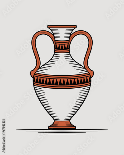 Minimalist digital illustration of an ancient Greek amphora urn featuring traditional geometric triangle patterns and classic clay terracotta handles, perfect for historical education, museum exhibits