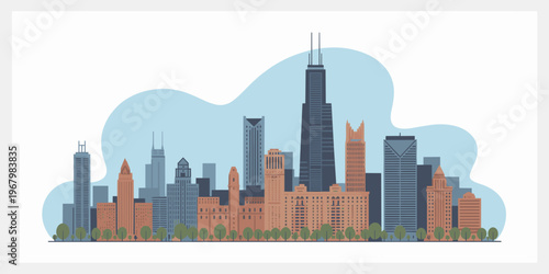 Minimalist cityscape illustration featuring iconic skyscraper silhouettes set against a soft blue sky background, perfect for urban architecture projects, modern city planning concepts, travel tourism