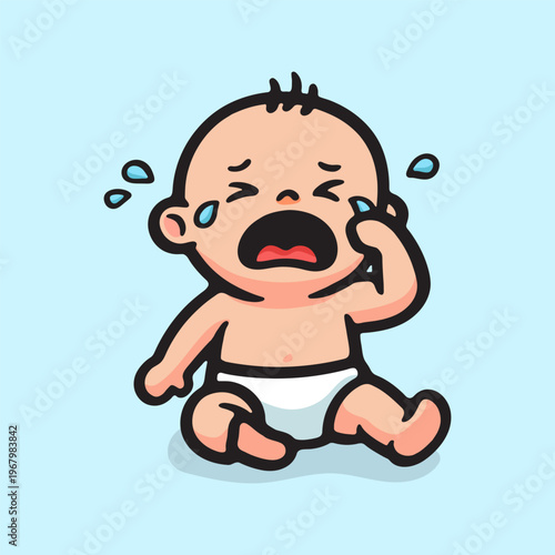 Adorable cartoon baby crying with tears, expressing sadness and discomfort on a light blue background