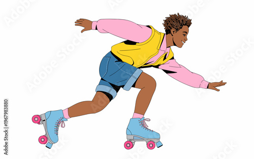 Vibrant illustration of a happy young person roller skating, dynamic movement pose wearing retro fashion, colorful leisure activity, energetic recreational sport, urban summer hobby, fun activity conc