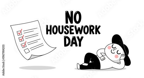 A cheerful woman lies on her side, relaxing at home on a No Housework Day, with a checklist nearby, conveying a stress-free and leisurely mood in a simple illustration.