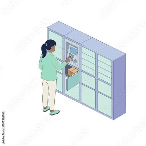 Woman picks up package from automated locker machine indoors.