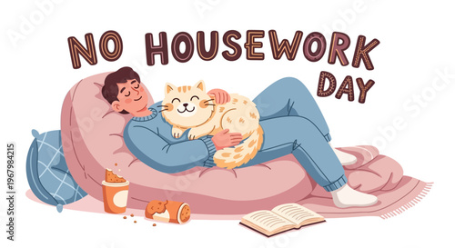 A relaxed young adult lies on a pink bean bag with a cat, embracing a no housework day concept with a lazy day lifestyle.