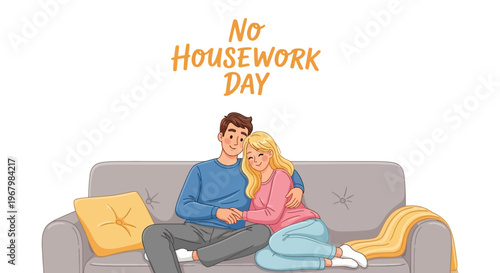 Illustration of a relaxed couple enjoying a no housework day on a couch with a lazy day lifestyle and home relaxation.