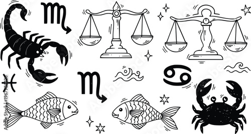 Zodiac doodle illustration set Scorpio Libra Pisces Cancer cartoon astrology symbols vector on white