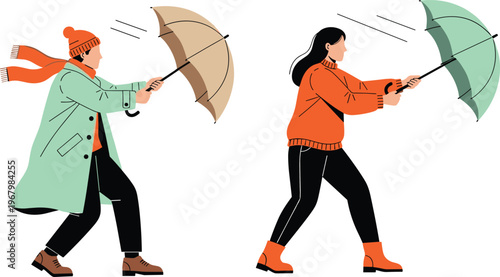 People Walking in Windstorm Holding Umbrellas and Wearing Warm Winter Clothing and Scarves for Weather Forecast and Seasonal Climate Illustration Designs
