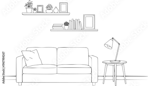 Minimalist line of a modern living room with sofa shelves and a desk lamp