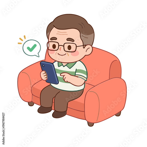 A man sits on a couch holding a tablet with a satisfied expression