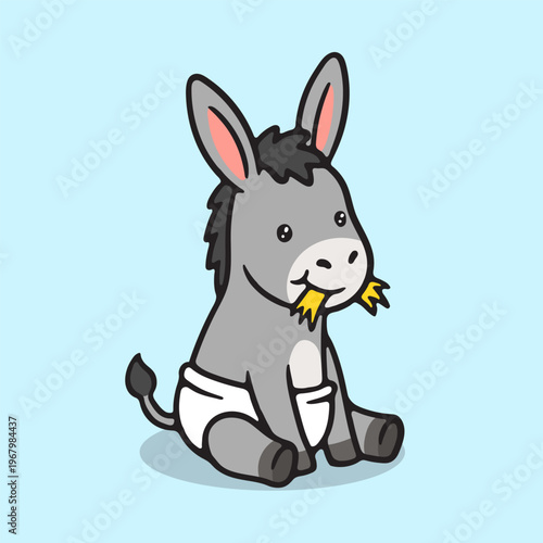 Cute baby donkey wearing a diaper and chewing on grass