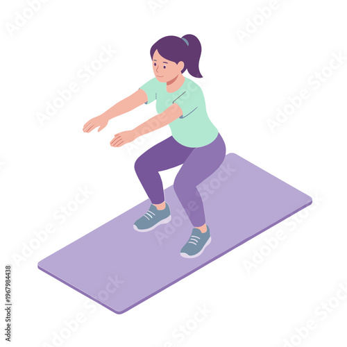 Woman doing squats on a mat in a fitness class setting indoors