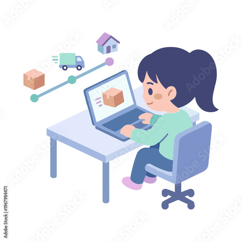 A girl uses a laptop to track packages being delivered to her home.