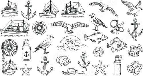 Vintage nautical vector set with fishing boats sea birds marine animals and coastal elements engraving style on white