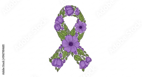 Purple floral awareness ribbon symbol with green leaves on white background for epilepsy cancer and domestic violence support