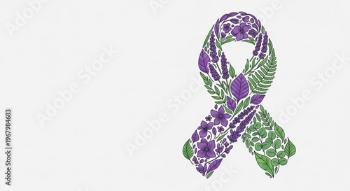 Purple and green awareness ribbon with floral pattern on white background for support and cause