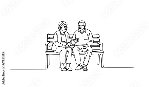 Elderly couple sitting on park bench vector in continuous line black and white illustration