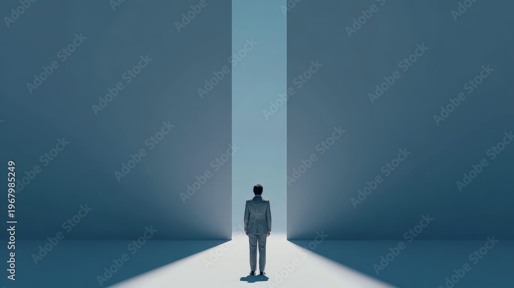 Fototapeta premium A figure stands in a surreal lighted corridor.