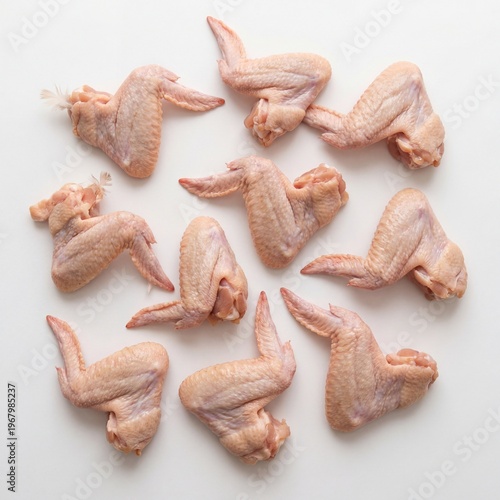 Raw chicken wings on a white background, arranged in a circular pattern, ready for cooking or preparation.