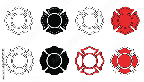 Firefighter Maltese cross vector fire department logo, rescue badge symbol and firefighter emblem design set, emergency service insignia collection, modern flat vector illustration for safety, rescue 