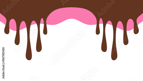 Sweet melting chocolate and pink strawberry icing glaze background. Melted syrup or dripping liquid sauce. Minimalist sweet chocolate and strawberry pink background. Minimalist wavy background.