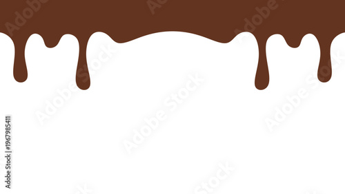 Melted chocolate or syrup drips isolated on a white background. Flowing liquid chocolate border element. A sweet brown syrup or sauce that melts and drips.