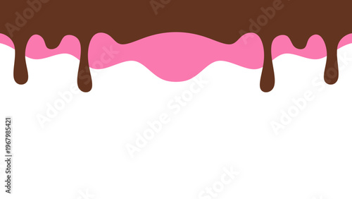 Sweet melting chocolate and pink strawberry icing glaze background. Melted syrup or dripping liquid sauce. Minimalist sweet chocolate and strawberry pink background. Minimalist wavy background.